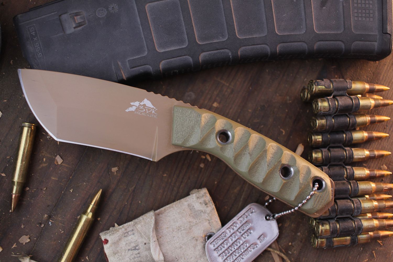 3DK Riot 3.7&quot; Fixed Tanto Point, Tan Cerakote K110 Blade / OD Green Chugach Mountain G10 handle
