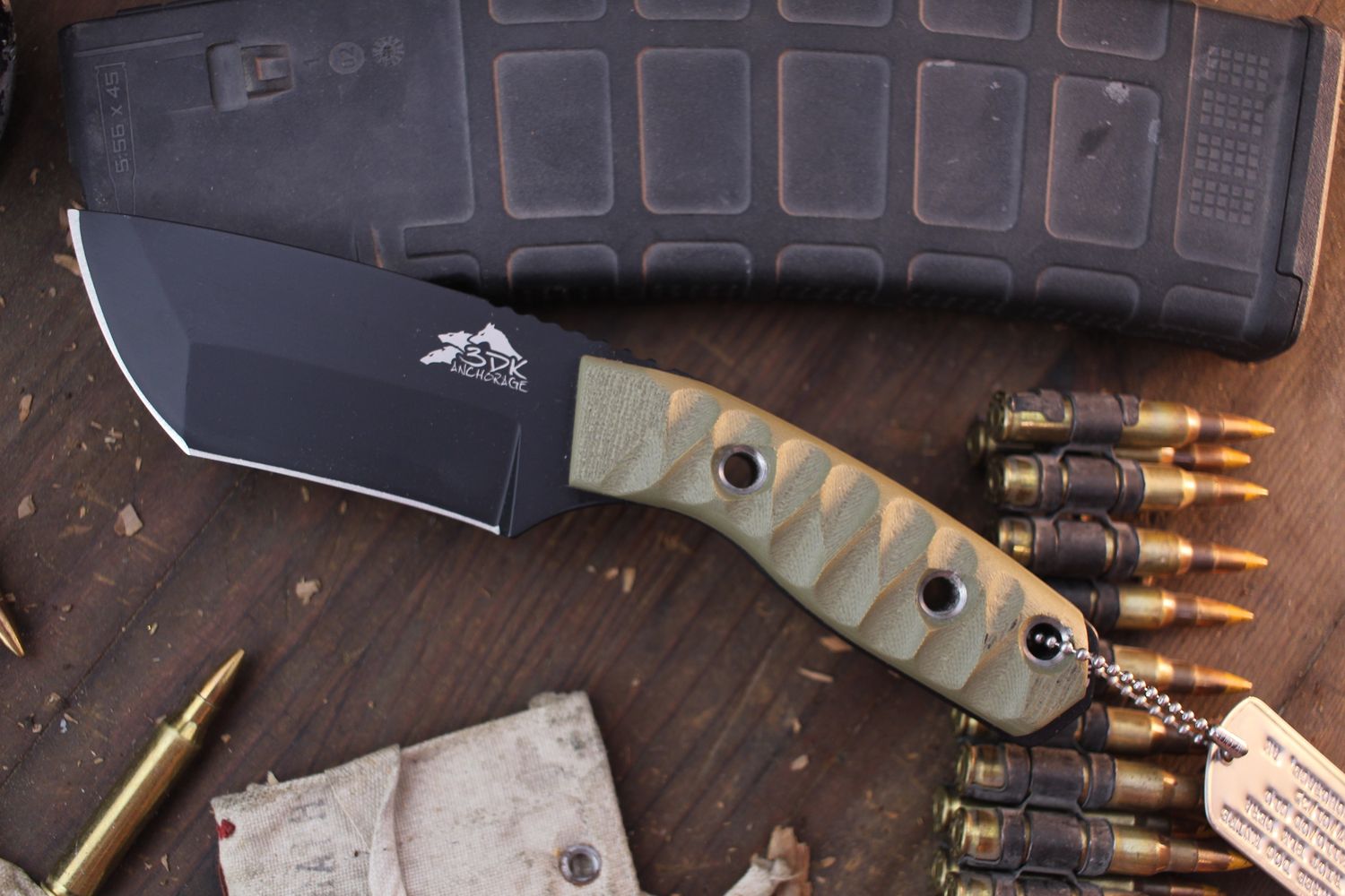 3DK Riot 3.7&quot; Fixed Tanto Point, Black Cerakote K110 Blade / OD Green Chugach Mountain G10 handle