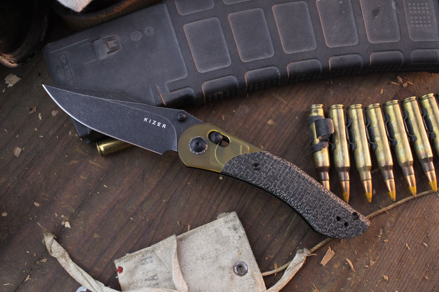 Kizer Paul Munko Mini Mystic 3.2” Crossbar Lock Folder / Burlap Micarta &amp; Ultem / Stonewashed 154CM