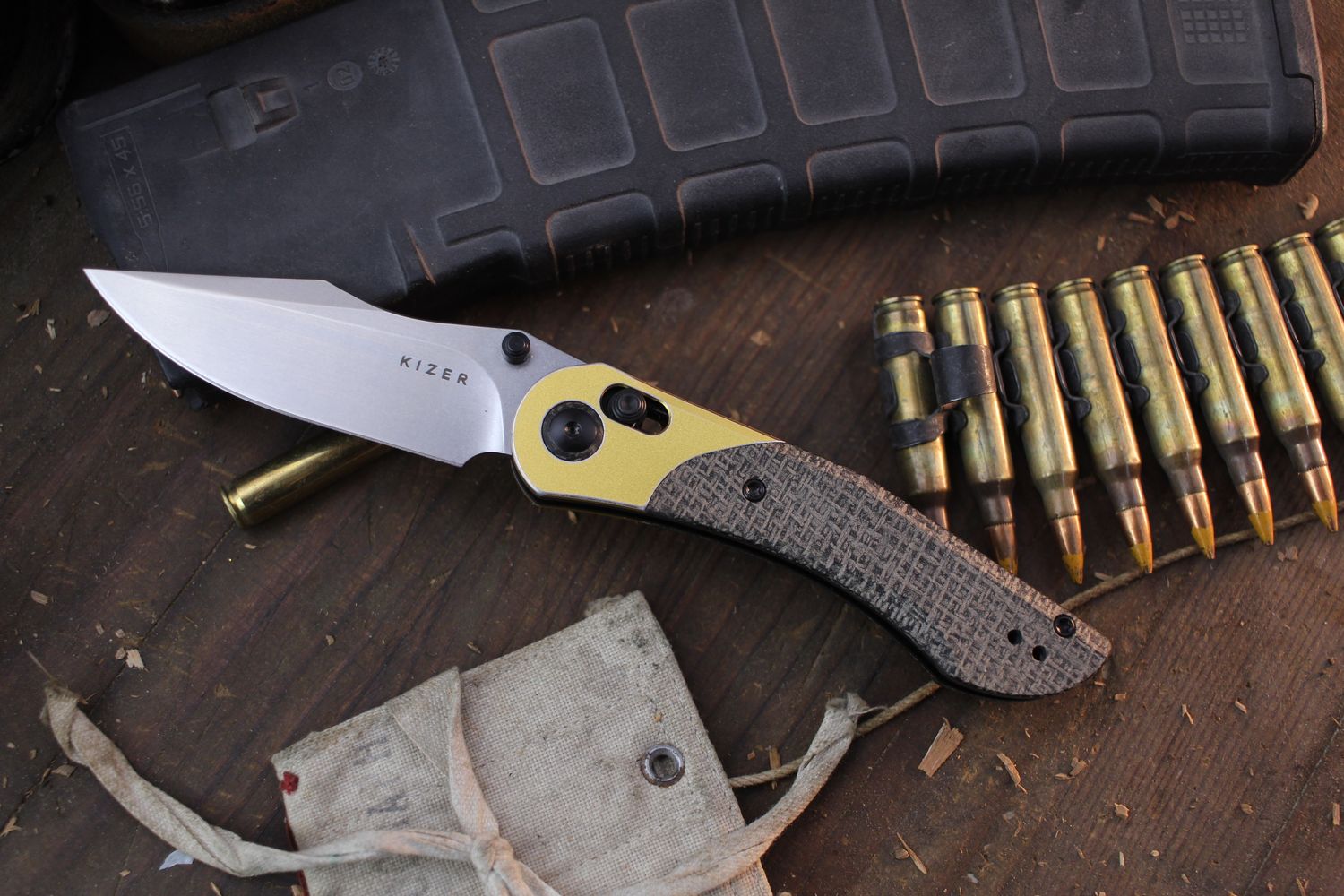 Kizer Paul Munko Mini Mystic 3.2” Crossbar Lock Folder / Burlap Micarta &amp; Copper / Satin Nitro-V