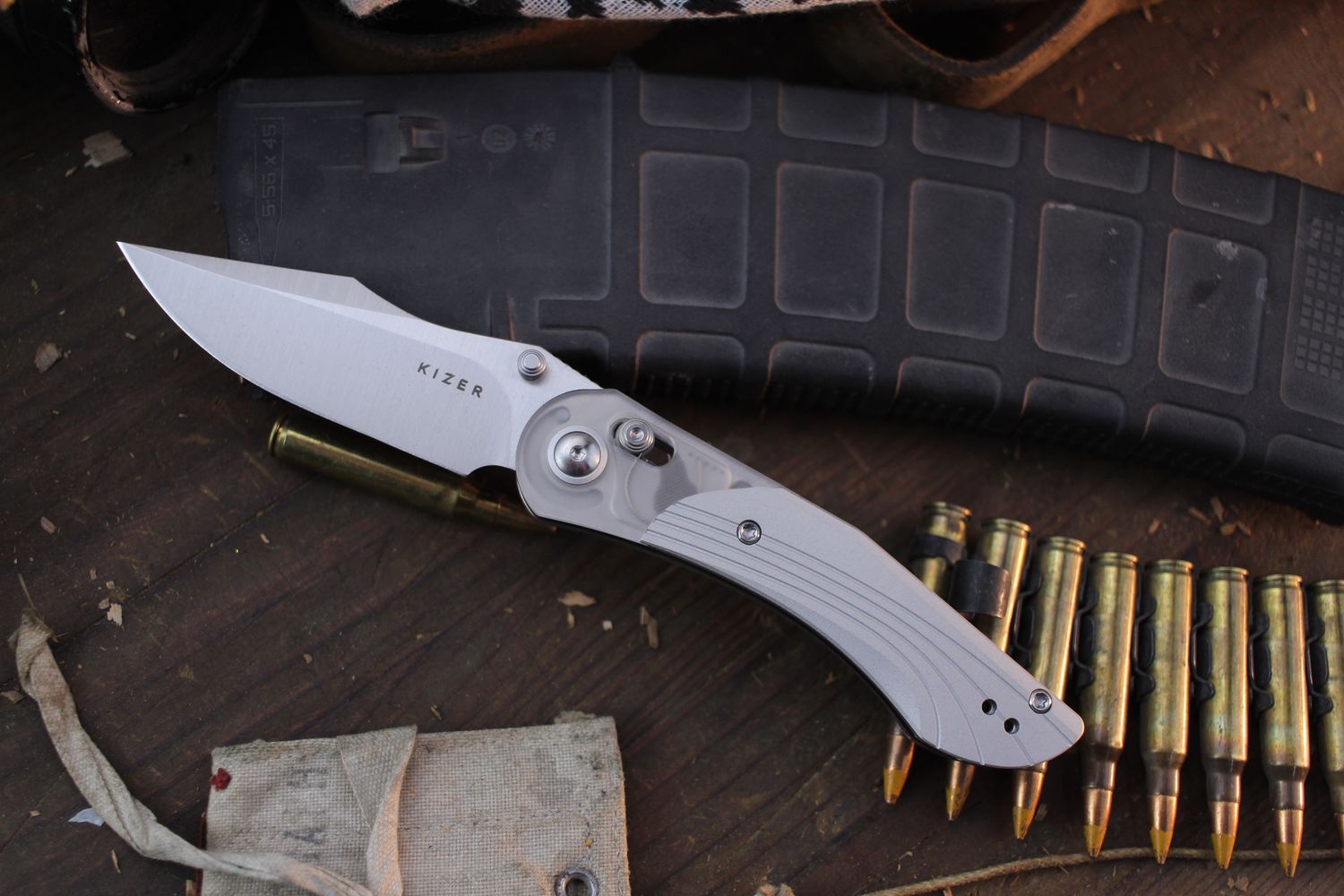 Kizer Paul Munko Mini Mystic 3.2” Crossbar Lock Folder / Machined Aluminum &amp; Acrylic / Stonewashed Nitro-V