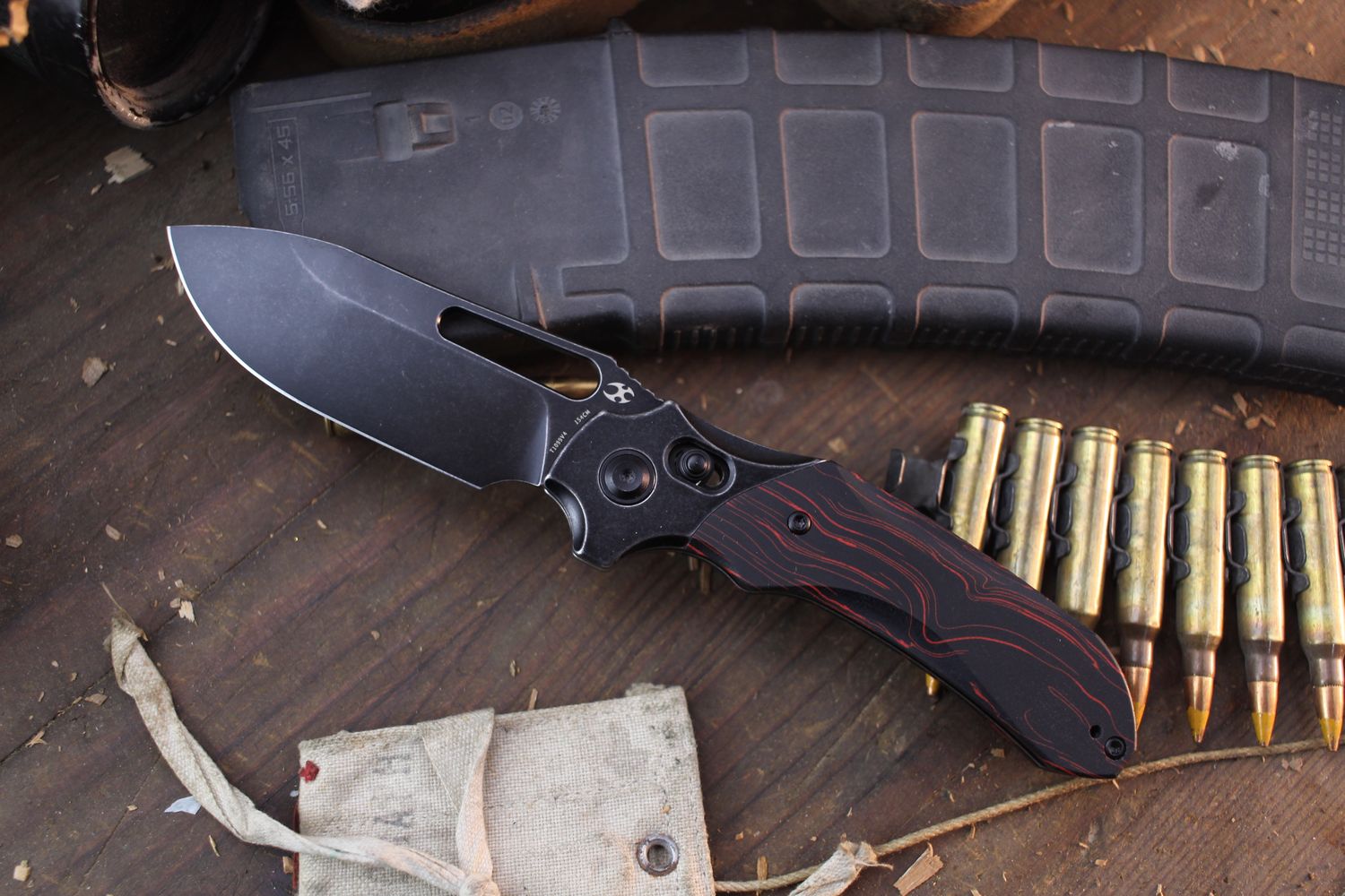 KANSEPT Knives Paul Munko Quasar 3.3” Crossbar Lock Folder / Red &amp; Black G-Mascus / Blackwashed 154CM