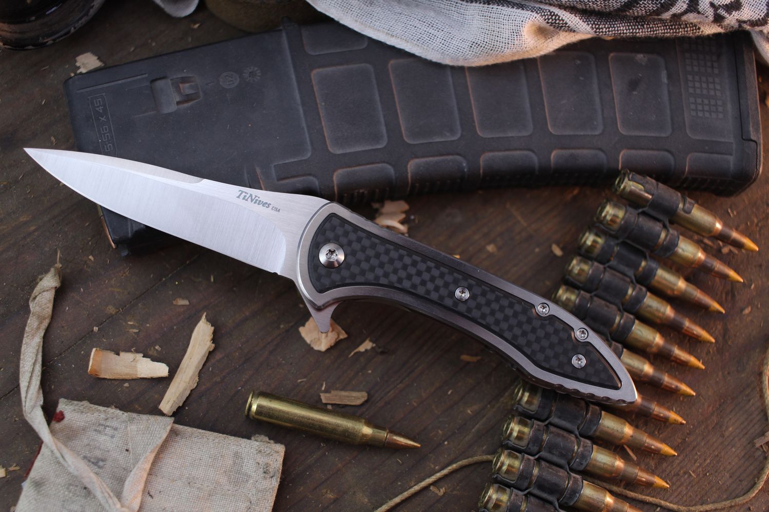 TiNives Silver Ghost 3.5” Framelock Flipper / Titanium &amp; Carbon Fiber Inlay / Satin MagnaCut