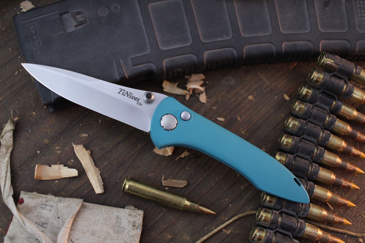 TiNives Hybrid Tactical 3.25” Button Lock Folder / Textured Teal Aluminum / Bead Blasted  MagnaCut