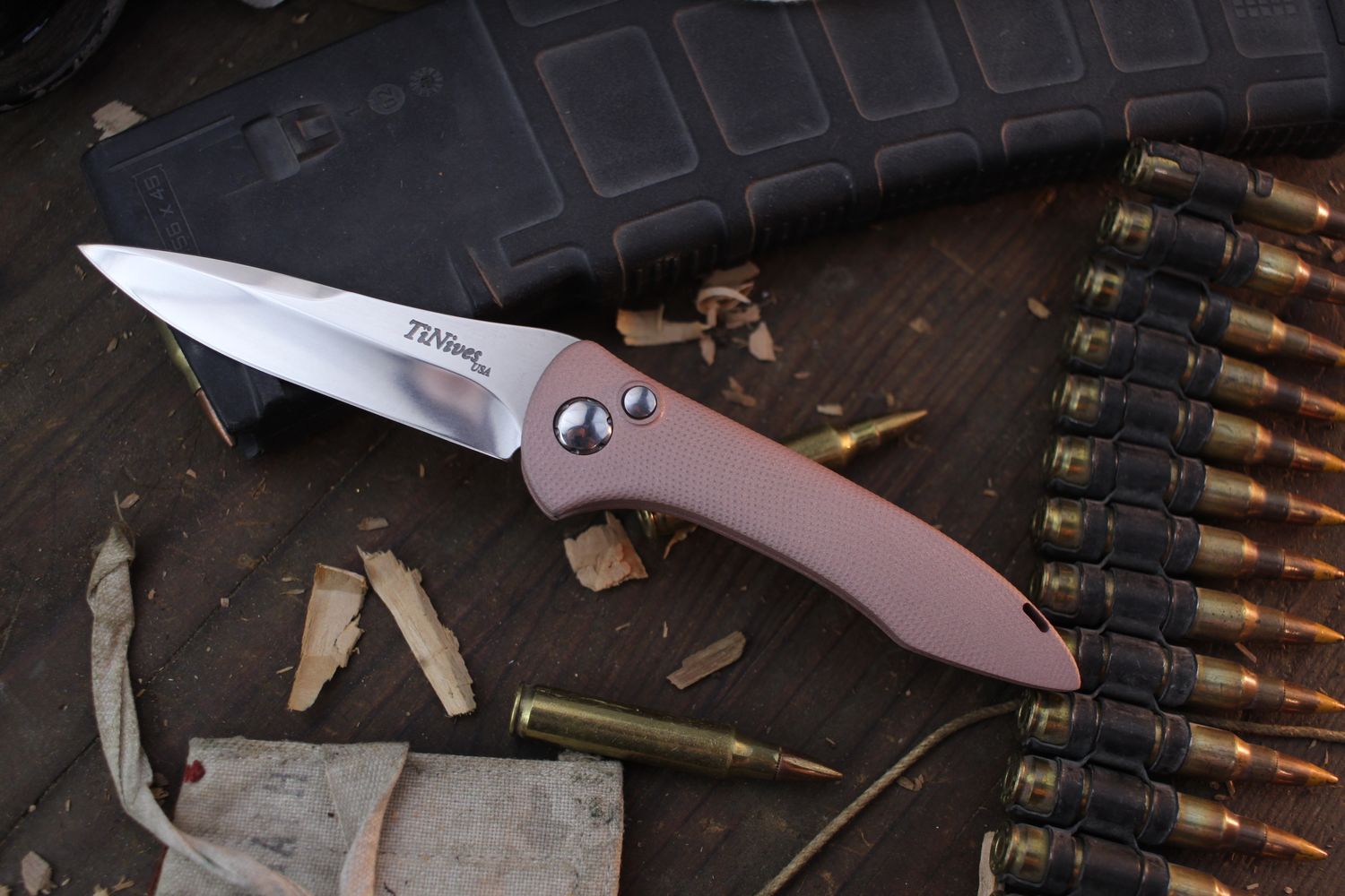 TiNives Hybrid Tactical 3.25” Button Lock AUTO Folder / Textured Pink Aluminum / Polished MagnaCut