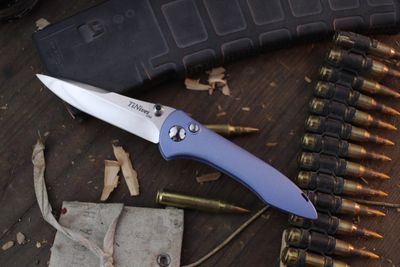 TiNives Hybrid Tactical 3.25” Button Lock Folder / Textured Arctic Blue Cerakote Aluminum / Polished 154CM