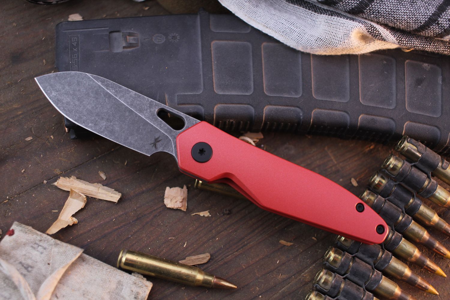 Keanison Knives Stray 2.0 2.875&quot; Framelock Knife / Red Cerakote Titanium / Acid Washed Magnacut ( Pre Owned )