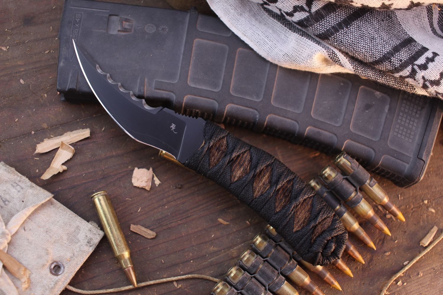 Bastinelli Knives Custom DBS Tsukamaki 3.7&quot; Fixed Blade / Cord Wrap / Black VG-10 San Mai ( Pre Owned )