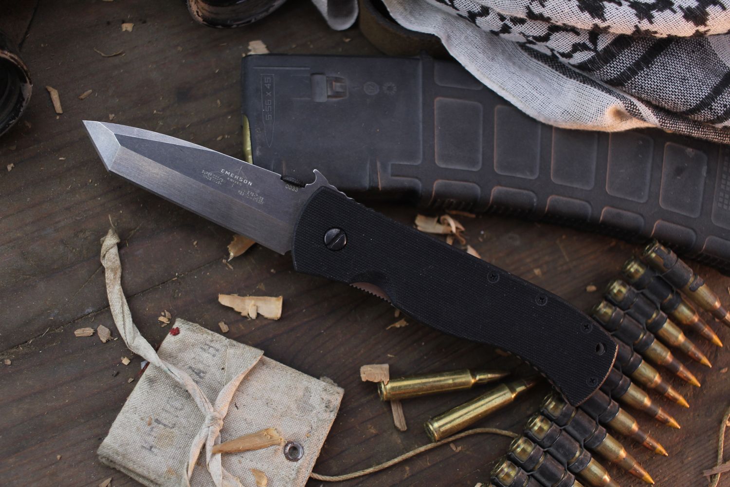 Emerson Super CQC-7BW TF 3.75&quot; Wave Hook Folder / Black G-10 / Thunderstorm 154CM ( Pre Owned )