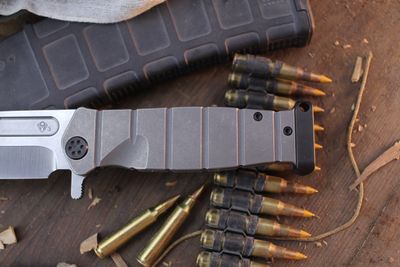 Medford Knife and Tool (MKT) USMC FF 4" Framelock Flipper / Stonewashed Titanium / Stonewashed 3V ( Pre Owned )