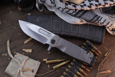 Medford Knife and Tool (MKT) USMC FF 4&quot; Framelock Flipper / Stonewashed Titanium / Stonewashed 3V ( Pre Owned )