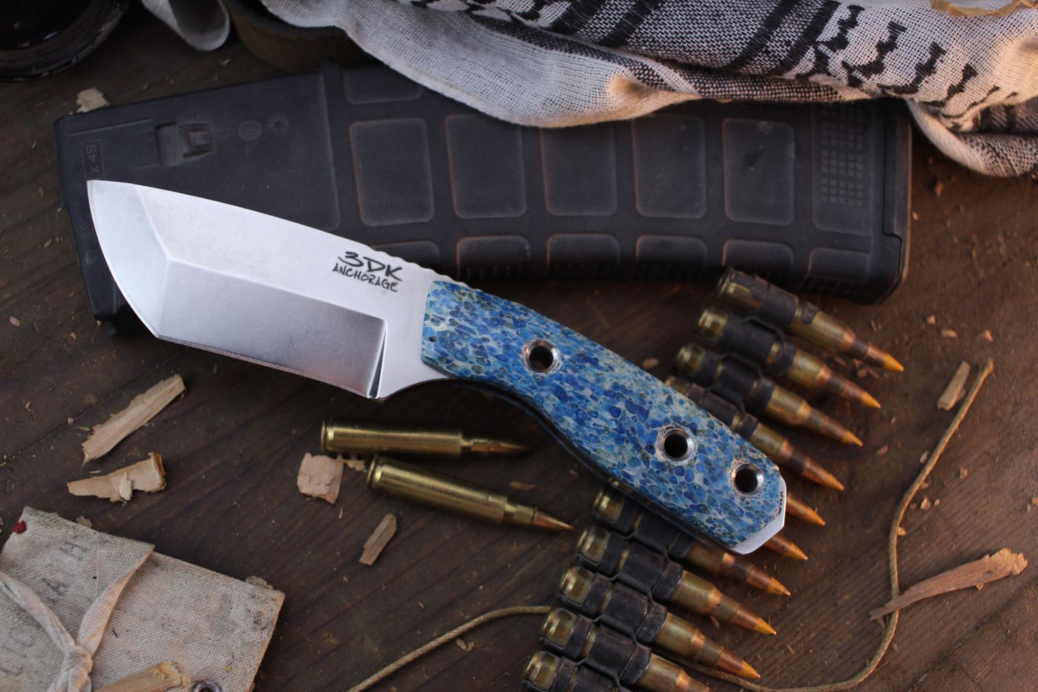 3DK Custom Riot 3.7&quot; Fixed Tanto Point, K110 Blade / Blue Stabilized Whale Bone Handle ( Pre Owned )