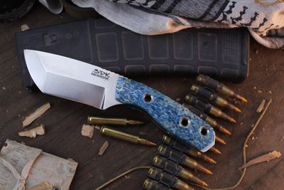 3DK Custom Riot 3.7" Fixed Tanto Point, K110 Blade / Blue Stabilized Whale Bone Handle ( Pre Owned )