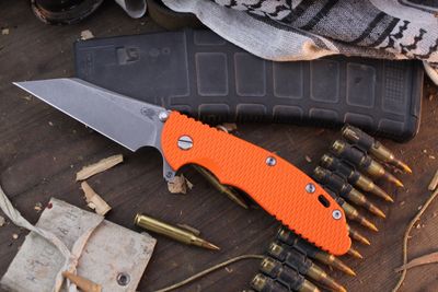 Hinderer Knives XM-24 Skinny Wharny 4&quot; Framelock Flipper / Orange G-10 &amp; Battle Bronze Titanium / Stonewash S45VN ( Pre Owned )