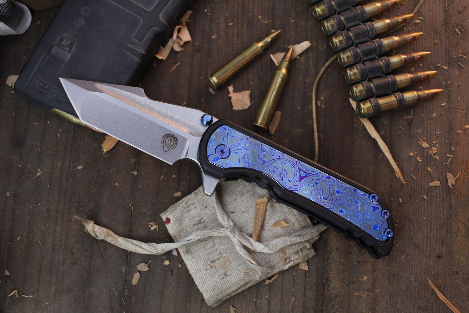MechForce AlphaHunter 3.5&quot; Framelock Flupper / Black Titanium With Timascus Inlay / Satin M390 ( Pre Owned )