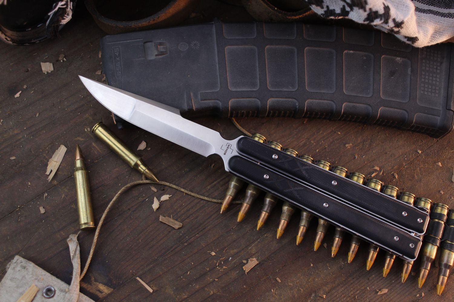 Boker Plus Large Tactical 4.21&quot; Balisong Butterfly / Black G-10 / Satin D2