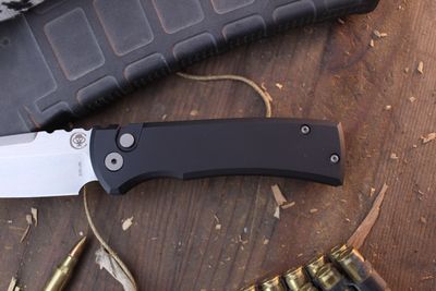 Chaves Knives + Pro-Tech Redencion 229 3.37" Button Lock Auto Folder / Black Aluminum / Stonewashed Tanto S35VN