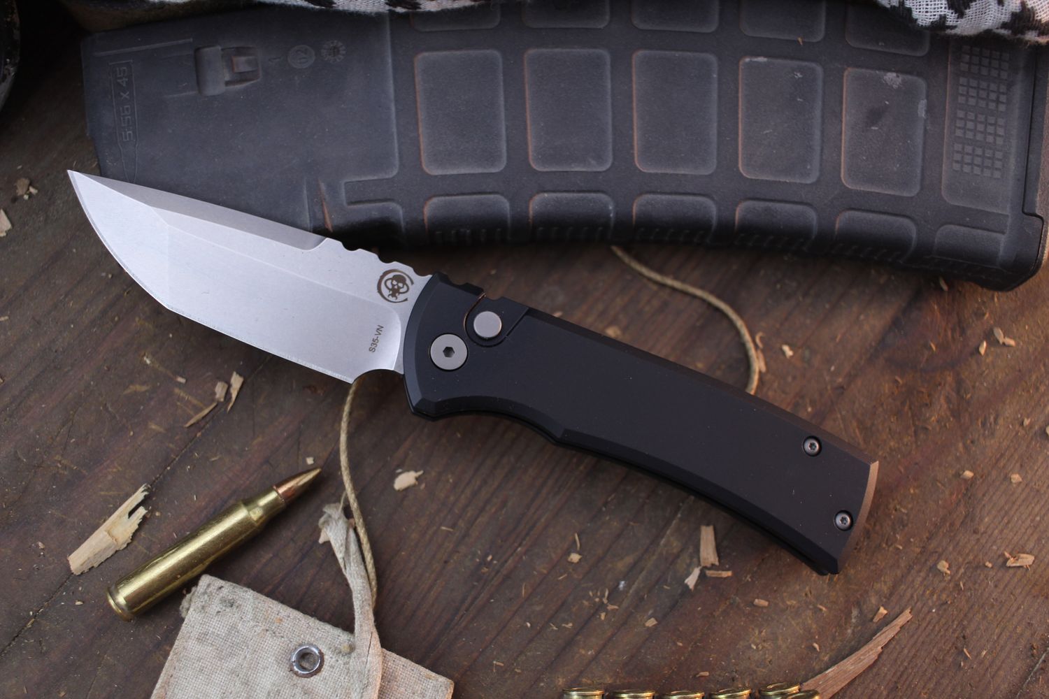 Chaves Knives + Pro-Tech Redencion 229 3.37&quot; Button Lock Auto Folder / Black Aluminum / Stonewashed Tanto S35VN
