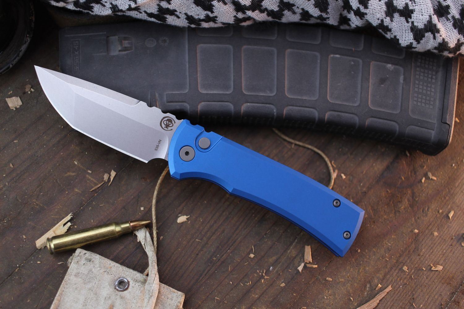 Chaves Knives + Pro-Tech Redencion 229 3.37&quot; Button Lock Auto Folder / Blue Aluminum / Stonewashed Tanto S35VN