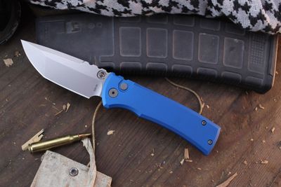 Chaves Knives + Pro-Tech Redencion 229 3.37&quot; Button Lock Auto Folder / Blue Aluminum / Stonewashed Tanto S35VN