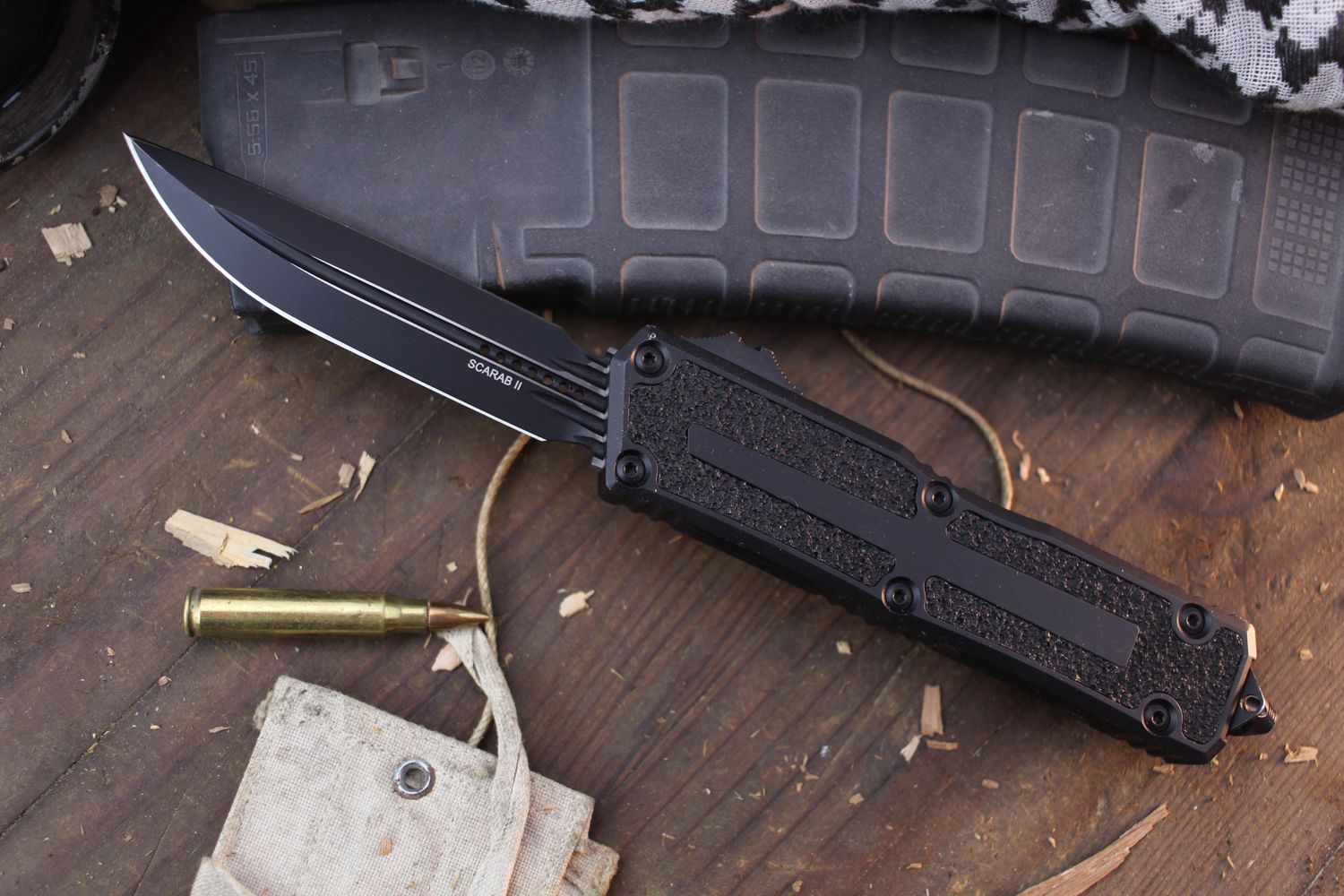 Microtech Scarab II Gen III Tactical D/E-S 3.875&quot; AUTO OTF / Black Aluminum &amp; Traction Inlays / Black ( Pre Owned )