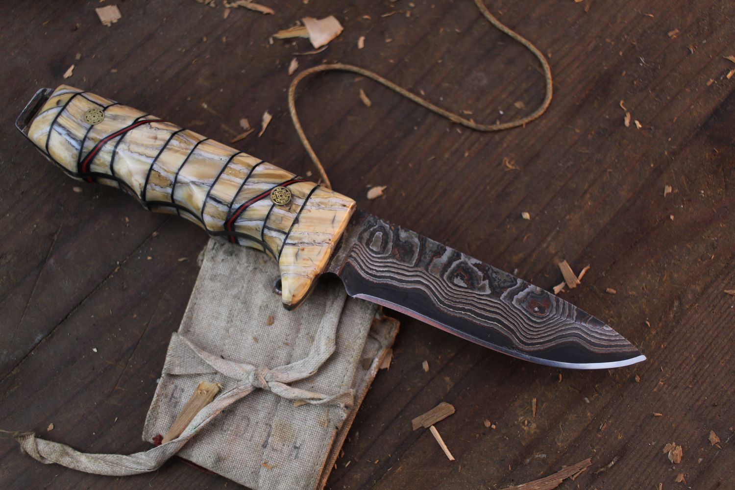 Dragonfly Knife Works Large Hunter 4” Fixed Blade / Mammoth Tooth &amp; Mosaic Pins / Copper Swirl 80CRV2 San Mai