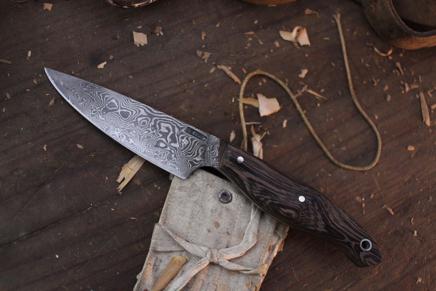 Mark Couch Drop Point 3.75&quot; Fixed Blade Hunter / Wenge / Alaskan Forged Damascus