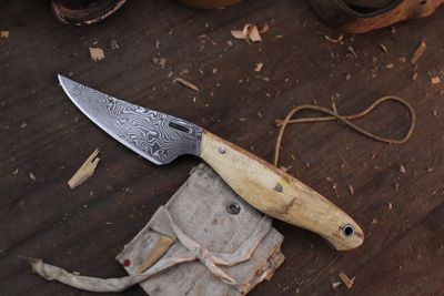 Mark Couch Trailing Point 3" Fixed Blade Skinner / Alaskan Birch / Alaskan Forged Damascus