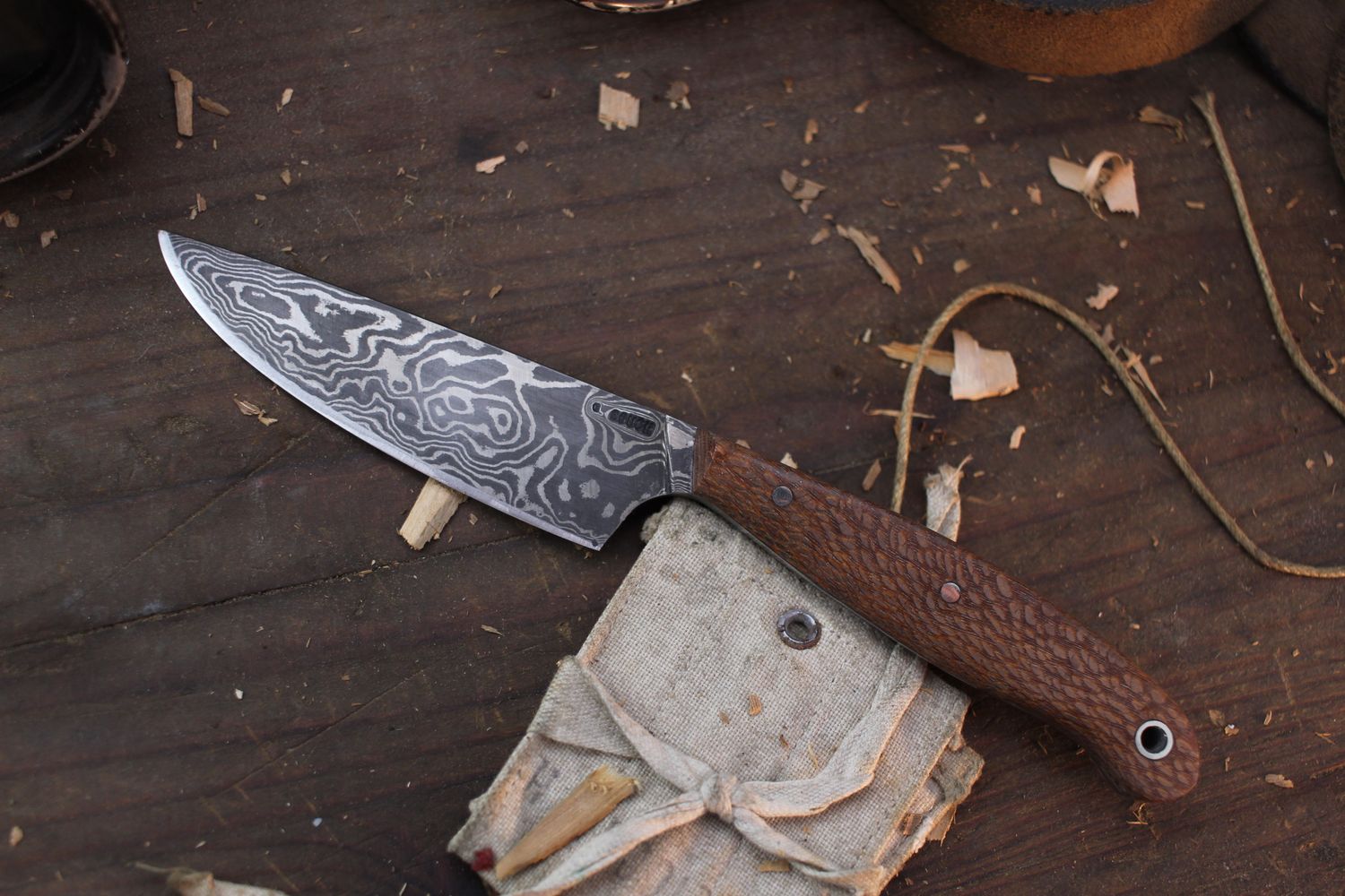 Mark Couch Utility 3.75&quot; Fixed Blade / Lacewood / Alaskan Forged Damascus
