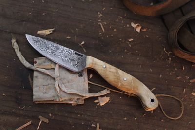 Mark Couch Camp Knife 3.5" Fixed Blade / Alaskan Birch / Alaskan Forged Damascus