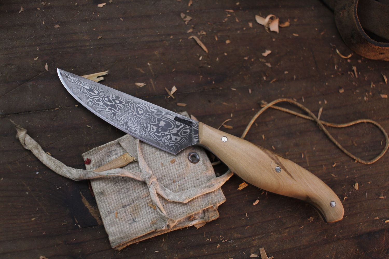 Mark Couch Utility 3.5&quot; Fixed Blade / Alaskan Birch / Alaskan Forged Damascus