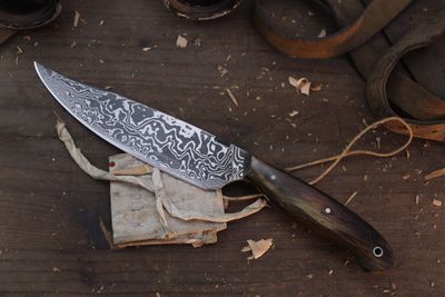 Mark Couch That’s A Knife 6.5" Fixed Blade / Dyed Birch / Alaskan Forged Damascus