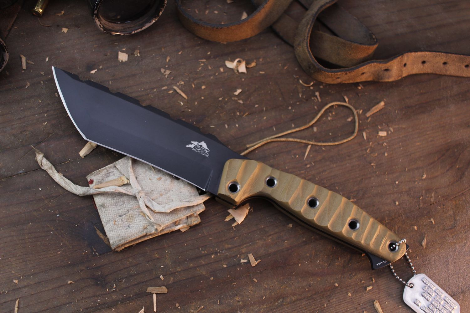 3DK Amuk 6&quot; Fixed Tanto Point, Black Cerakote Elmax Blade / Desert Tan Chugach Mountain G10 Handle