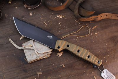 3DK Amuk 6&quot; Fixed Tanto Point, Black Cerakote Elmax Blade / Desert Tan Chugach Mountain G10 Handle