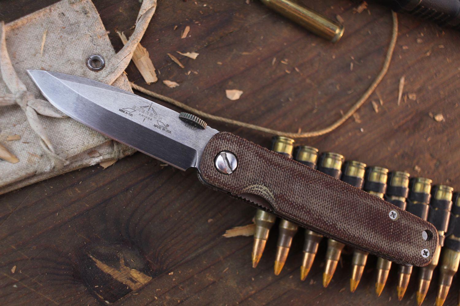 Emerson Mini A-100 TF 3&quot; Linerlock Front Flipper / Brown Micarta / Thunderstorm 154CM ( Pre Owned )
