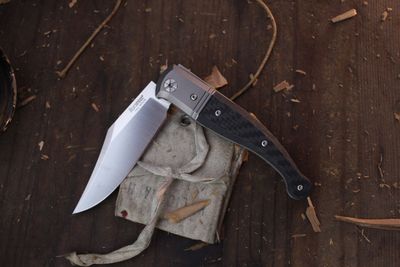 LionSTEEL Gitano 3.35&quot; Slipjoint Folder / Carbon Fiber &amp; Titanium Bolsters / Satin Niolox ( Pre Owned )