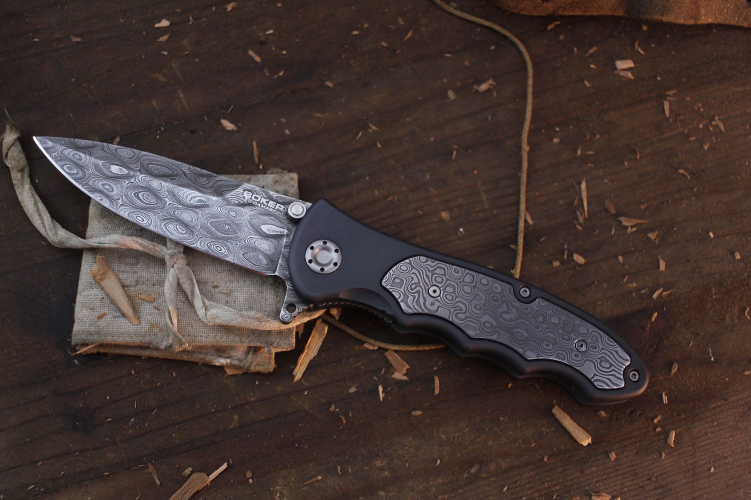 Boker Germany Leopard Damascus III 3.82&quot; Linerlcok Flipper / Aluminum &amp; Damascus Inlay / 300 Layer Damascus ( Pre Owned )