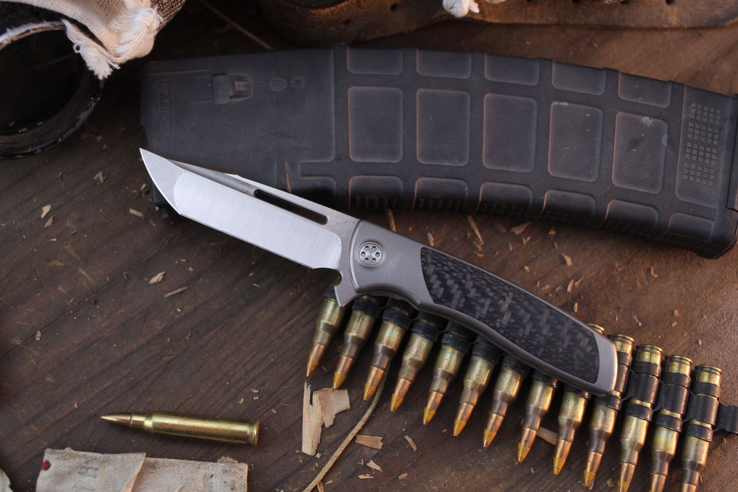 Sharp By Design Mini Evo Harpoon 3.25&quot; Framelock Flipper / Satin Titanium &amp; Carbon Fiber Inlay / Satin M390 ( Pre Owned )