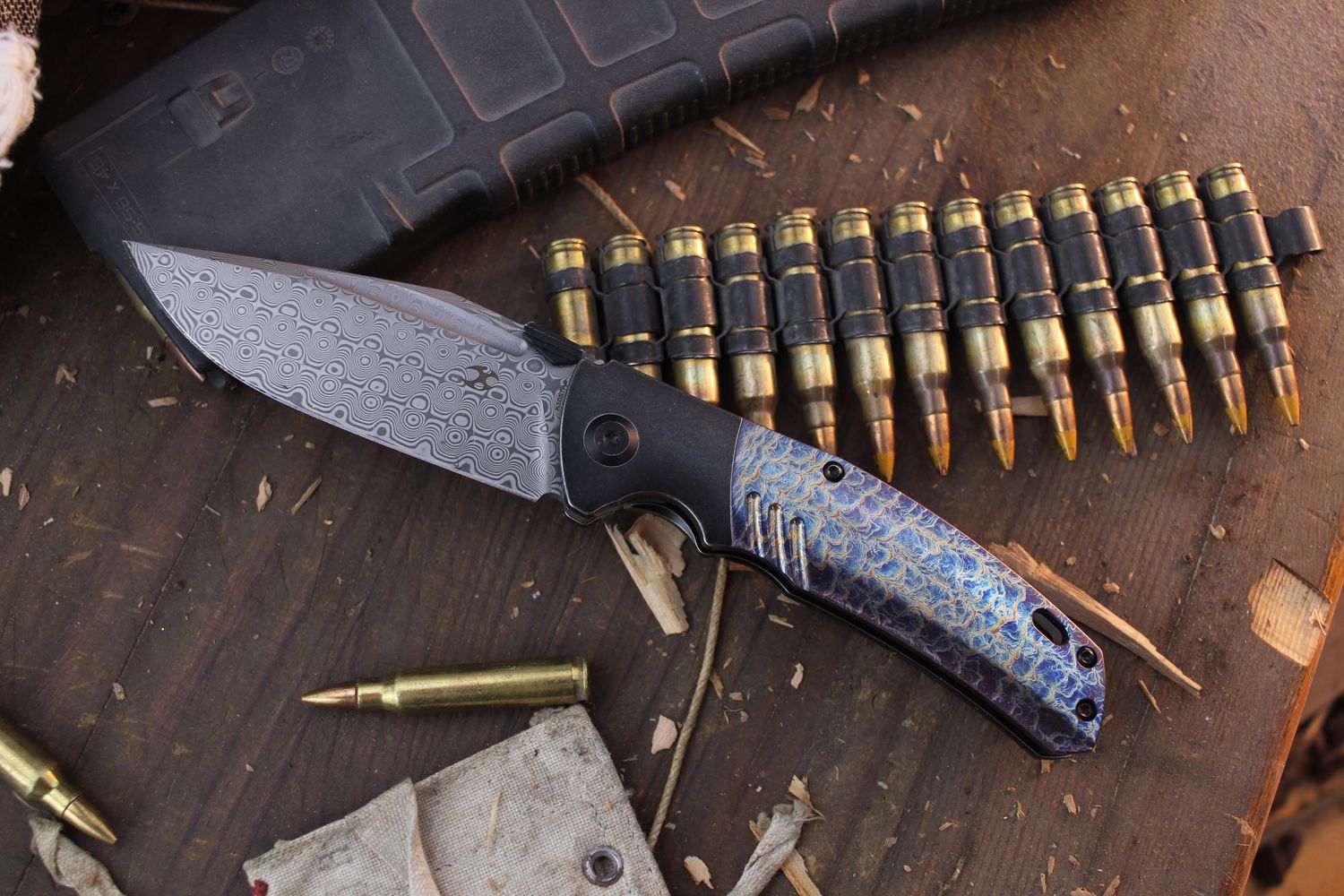 Kansept Morgan Koens Hinterland 3.58&quot; Framelock Folder / Lightning Strike Titanium / Damascus ( Pre Owned )