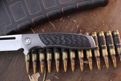 Sharp By Design Mini Evo Harpoon 3.25" Framelock Flipper / Satin Titanium &amp; Carbon Fiber Inlay / Satin M390 ( Pre Owned )