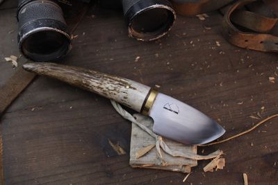 Highlands Forge 3&quot; Fixed Blade Skinner / Moose Antler Tine / Satin Forged 1095