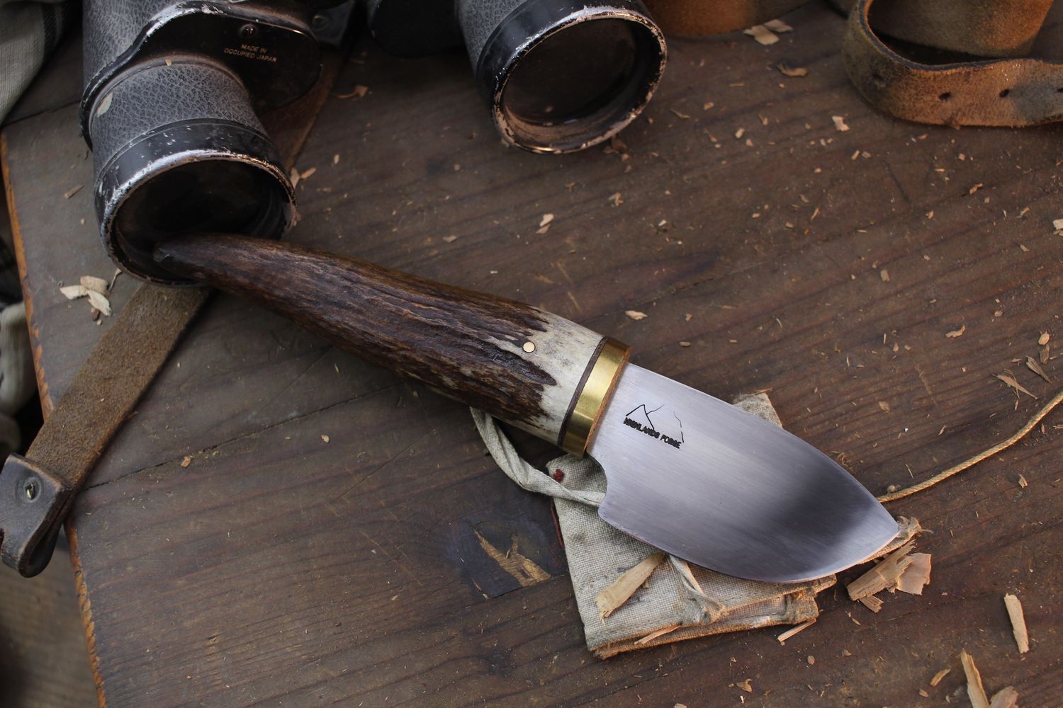 Highlands Forge 3&quot; Fixed Blade Skinner / Moose Antler Tine / Satin Forged 1095