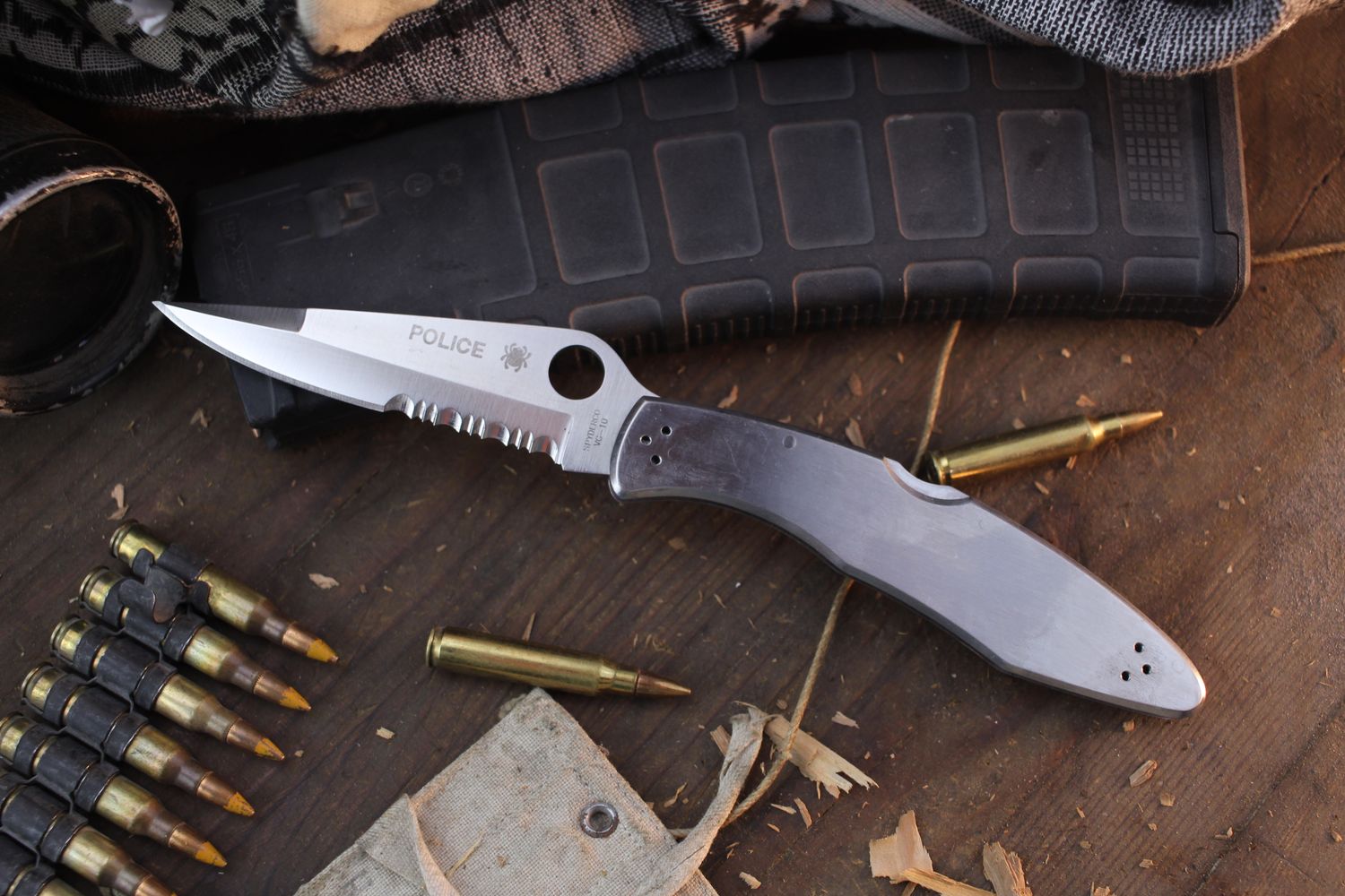 Spyderco Police 4.125&quot; Folding Knife, Stainless Steel / Partially Serrated / Satin VG-10
