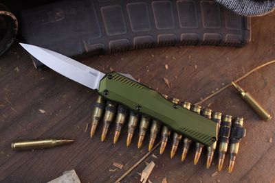 Kershaw Livewire Drop Point 3.3&quot; OTF Auto / OD Green Aluminum / Stonewashed Magnacut