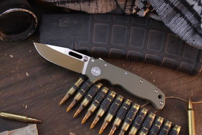 Demko AD20.5 Drop Point  3.2&quot; Shark Lock Folder / OD Green Cerakote Titanium / Desert Tan Cerakote &amp; Polished 20CV