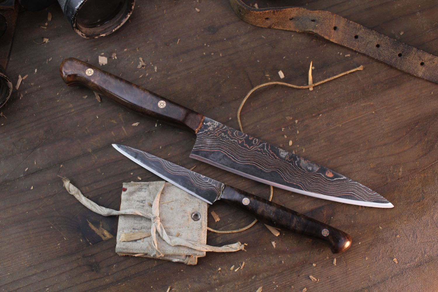 Dragonfly Knife Works 2 Piece Kitchen Set / Stabilized Walnut &amp; Mosaic Pins / Copper Swirl 80CRV2 San Mai