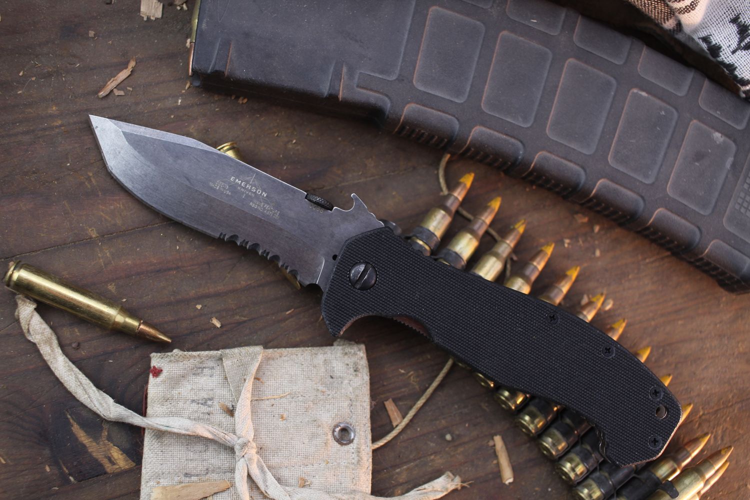 Emerson CQC-15 TFS 3.9&quot; Linerlock Wave Hook Folder / Black G-10 / Thunderstorm Partially Serrated 154CM ( Pre Owned )