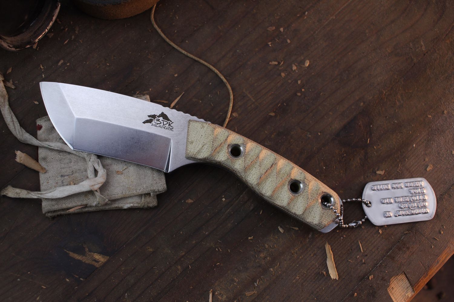 3DK Riot 3.7&quot; Fixed Tanto Point, K110 Blade / Natural Canvas Chugach Mountain Micarta handle