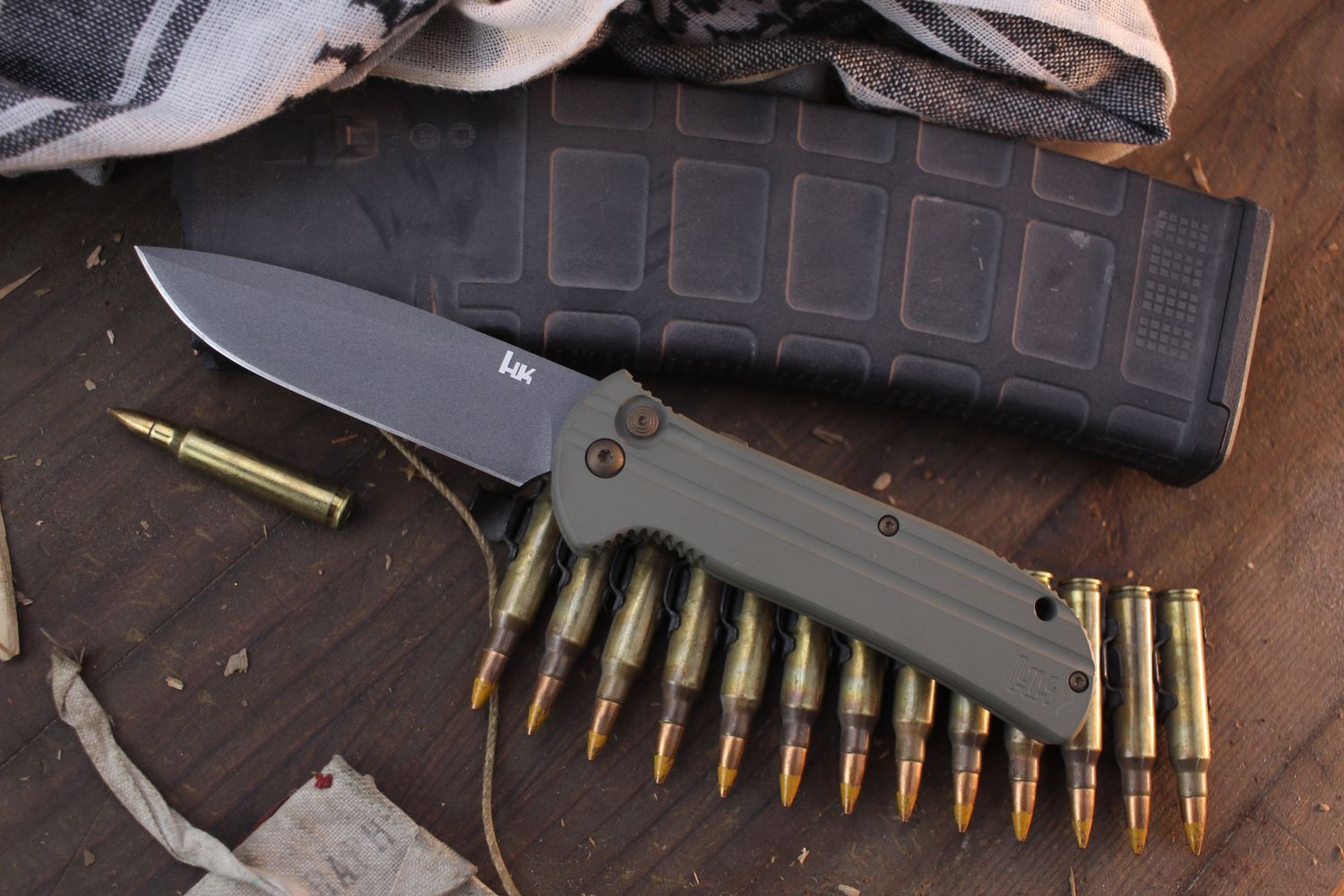 H&amp;K Entourage 3.74&quot; Button Lock Auto Folder / OD Green Aluminum / Cobalt Cerakote Drop Point 440C ( Pre Owned )