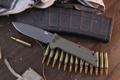 H&amp;K Entourage 3.74&quot; Button Lock Auto Folder / OD Green Aluminum / Cobalt Cerakote Drop Point 440C ( Pre Owned )